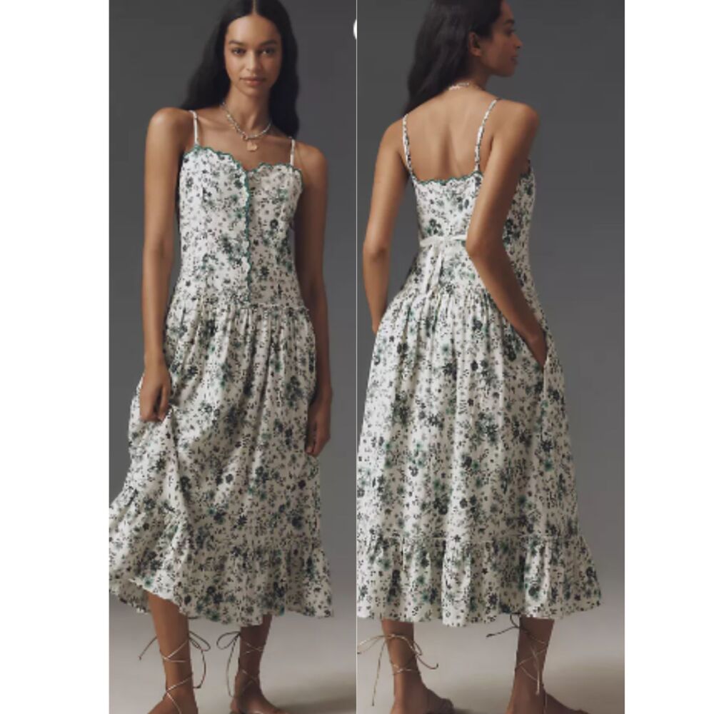 NEW Anthropologie DropvWaist Linen Blend Dress White Green Floral Size L - Picture 10 of 10